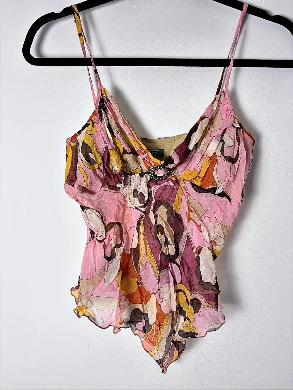 Derek Green Silk Floral Rhinestone Handkerchief Hem Cami Top Size 2